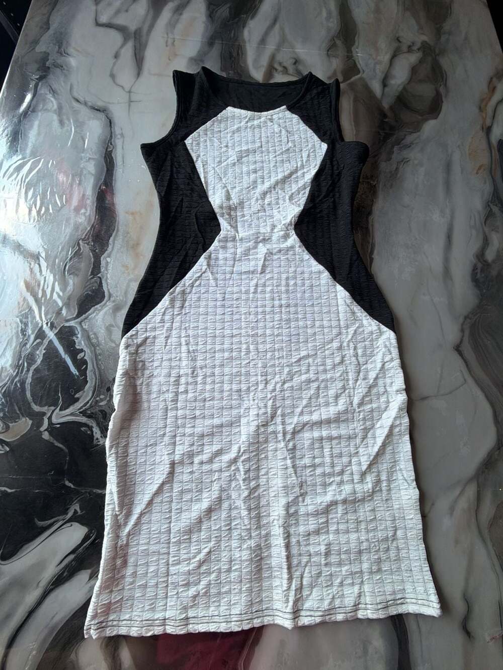 Women's Black and White Textured Sleeveless Fit & Flare Dress - Size M